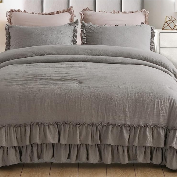 King Size Bed Comforter Set Grey Neutral Stone Washed Shabby Chic Ruffle Bedding - Picture 1 of 11